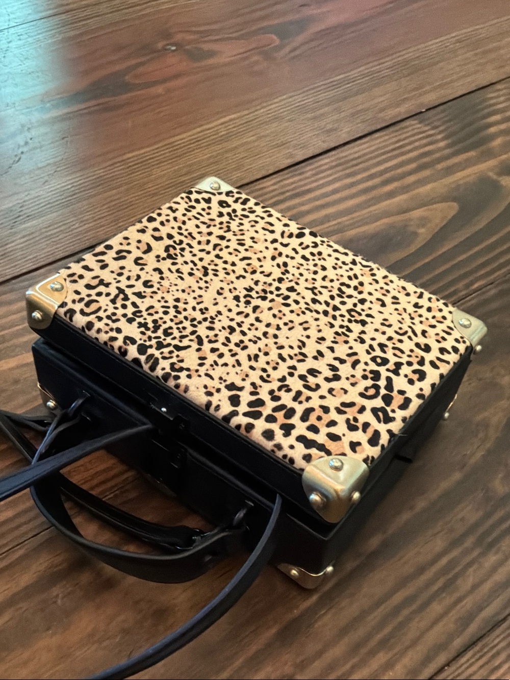 Black Structured Mini Top-Handle Bag with Gold Corner Accents